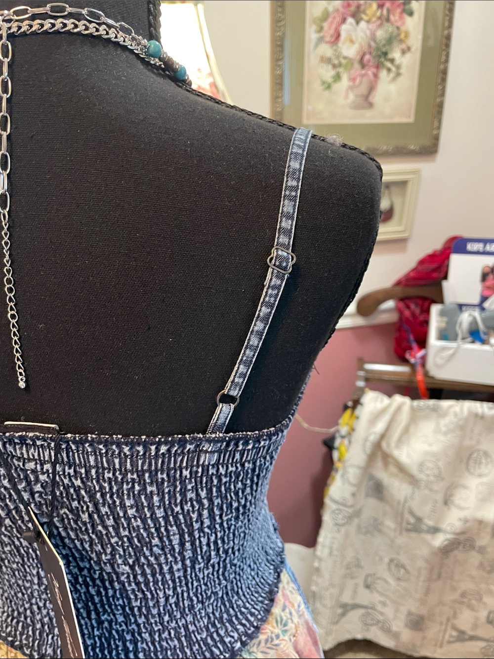 Smocked Denim Bohemian Patchwork Midi Dress in Blue Young Threads - Picture 12 of 17
